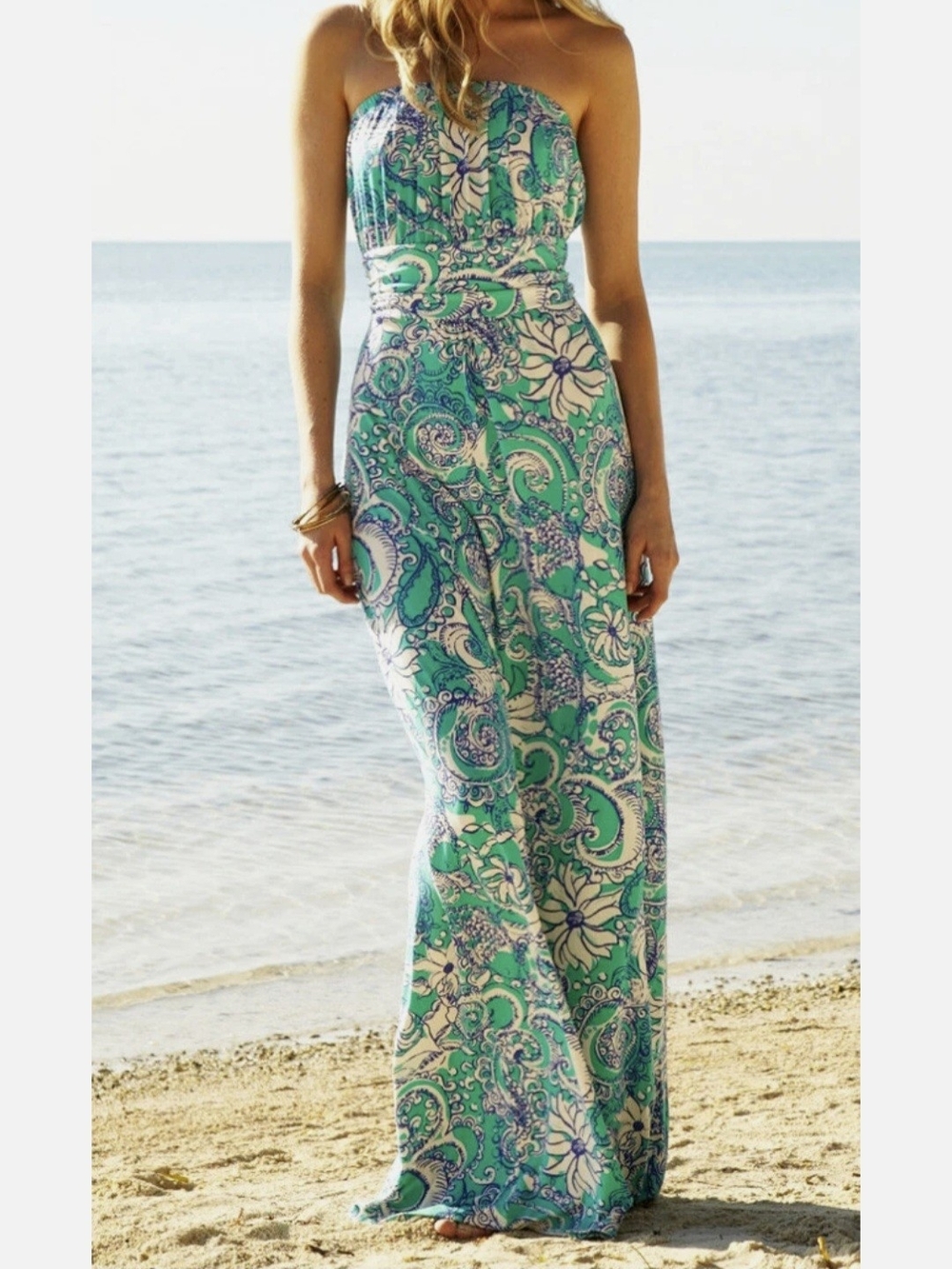 Lilly Pulitzer Holbrook Strapless Maxi Dress Montauk Seafoam Green Paisley - S - Picture 2 of 14